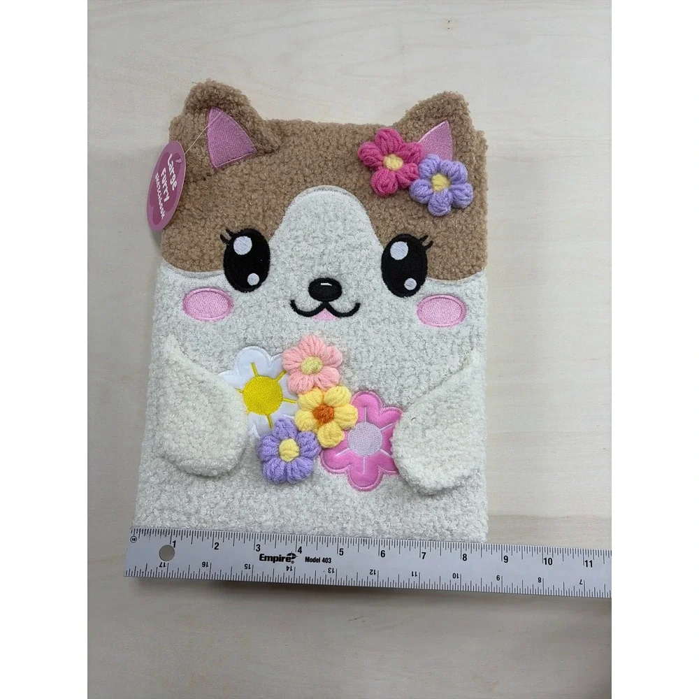 Large Furry Sketchbook Plush Cat Journal Fuzzy Notebook Tan White Floral NWT